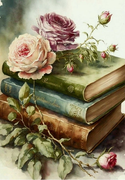 Vintage Books & Rose Greetign Card