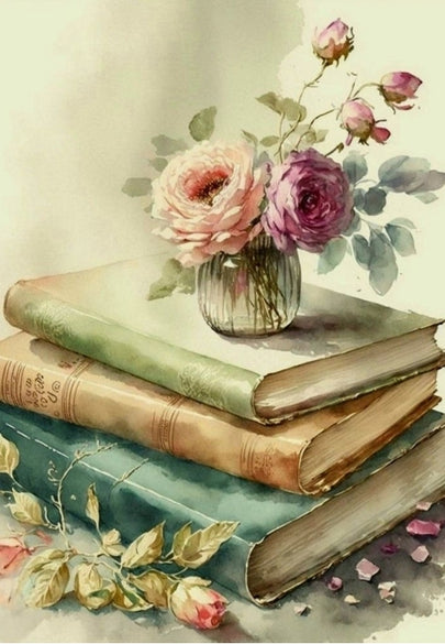 Vintage Books with Soft Pink Roses Greeting Card
