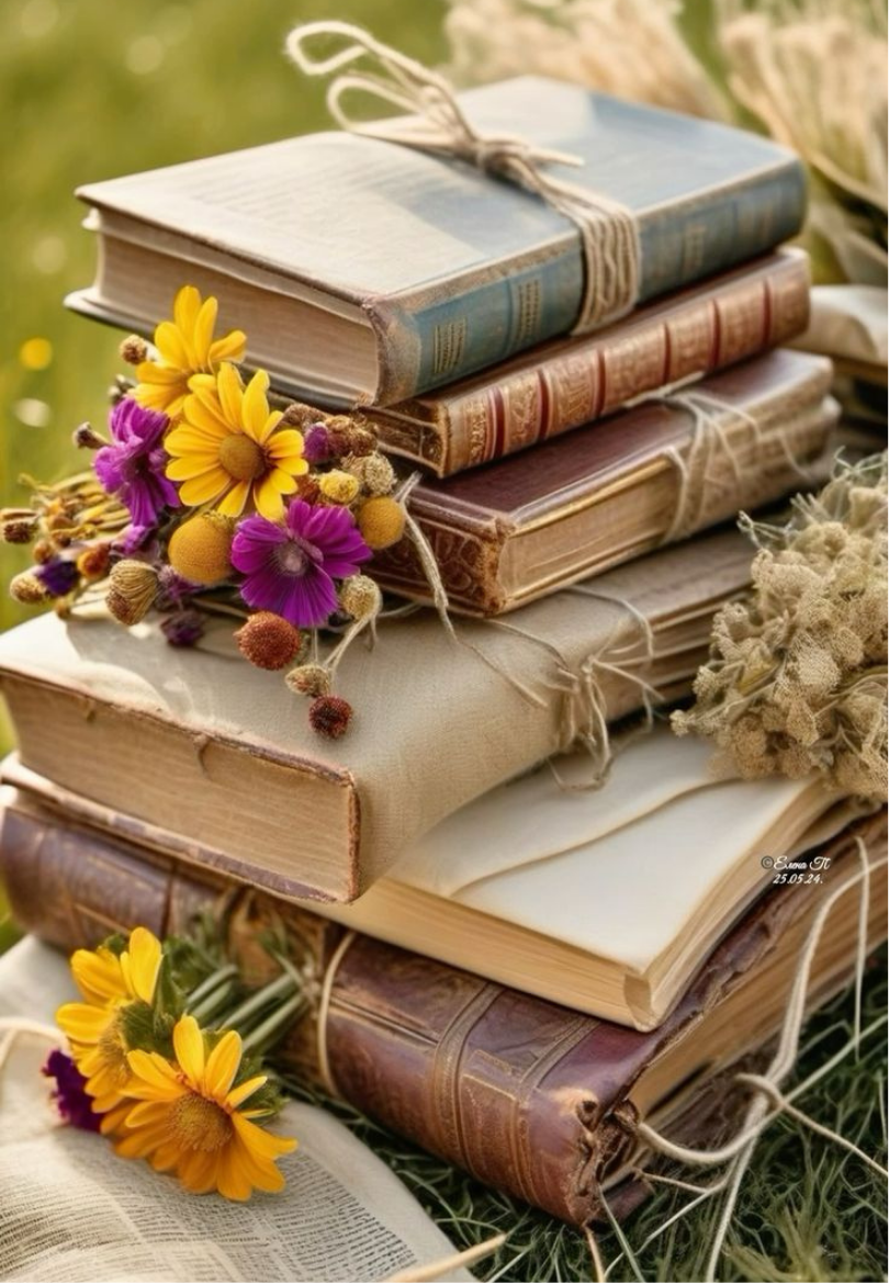 Stacked Antique Books with Wildflowers Greeting Card