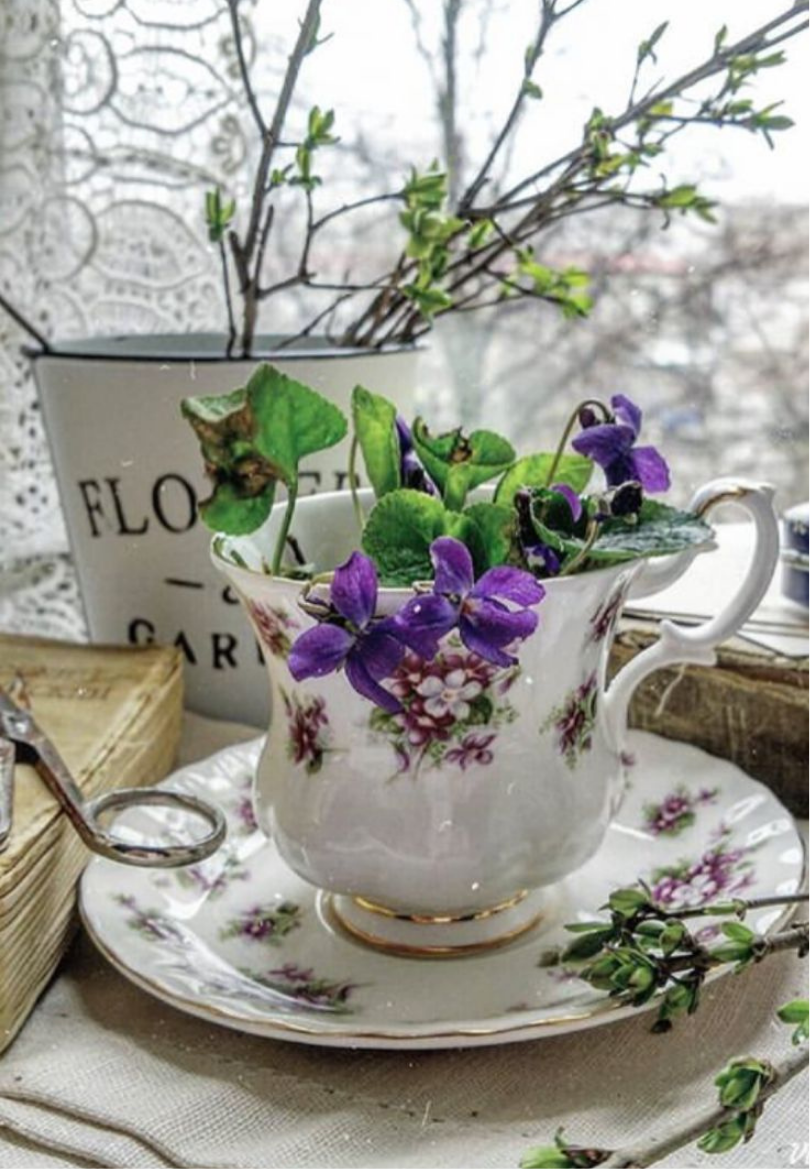 Vintage Teacup with Delicate Purple Flowers Greeting Card
