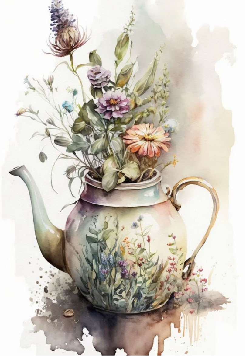 Antique Floral Teapot with Watercolor Florals Greeting Card