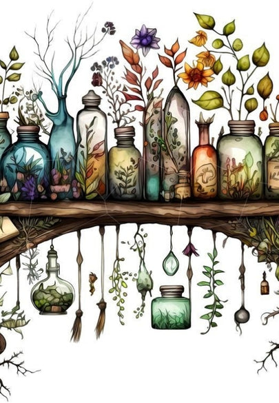 Floral Bottles on a Shelf Greeting Card