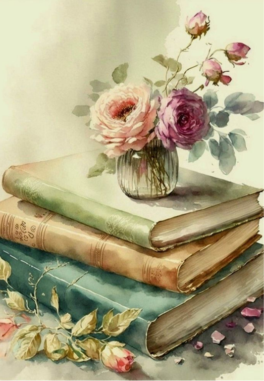 Vintage Books with Soft Pink Roses Greeting Card