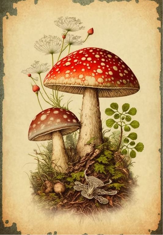 Vintage Mushroom Illustration With Aged Paper Look Greeting Card
