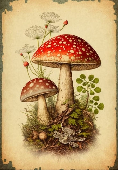 Vintage Mushroom Illustration With Aged Paper Look Greeting Card