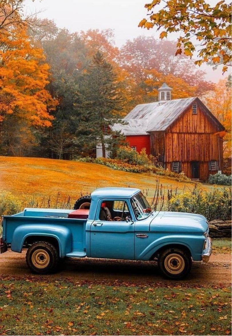 Vintage Blue Truck at a Farmhouse Greeting Card