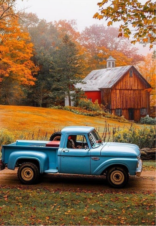 Vintage Blue Truck at a Farmhouse Greeting Card