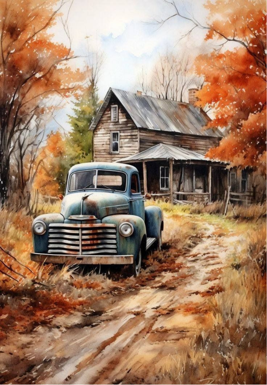 Rustic Vintage Truck in an Autumn Landscape Greeting Card