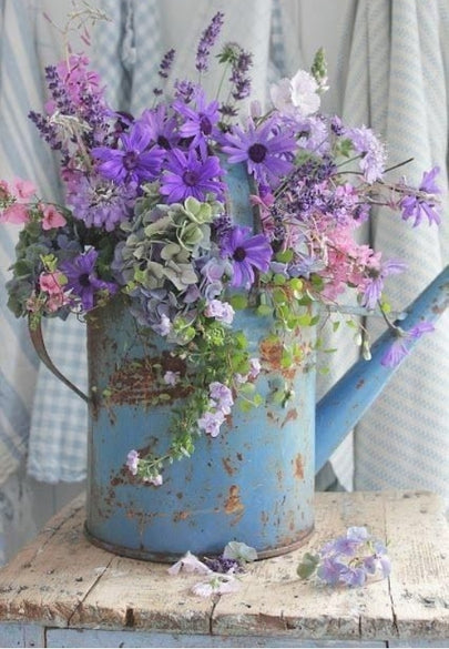 Vintage Blue Metal Watering Can With Flowers Greeting Card