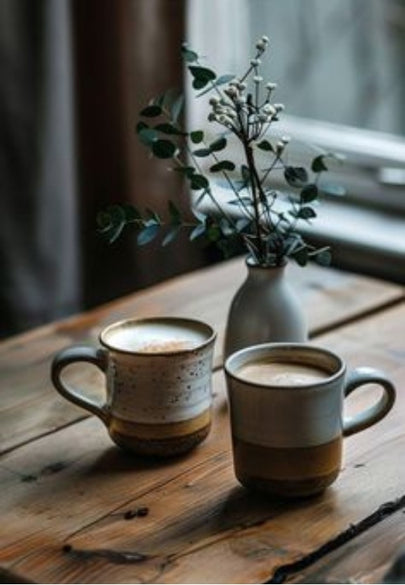 Two Coffee Cups on a Rustic Wooden Table Greeting Card