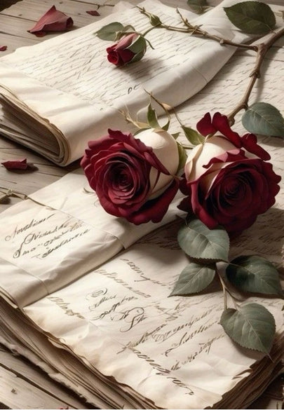 Romantic Red Roses on Antique Letters Greeting Card
