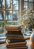 Stacked Books & Wild Daisies Greeting Card