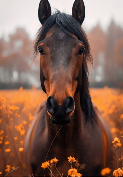 Majestic dark Horse in Golden Meadow Greeting Card
