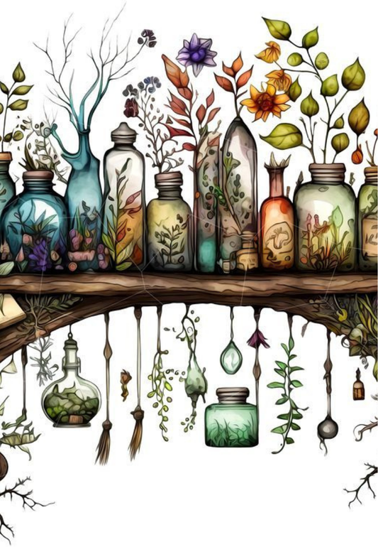 Floral Bottles on a Shelf Greeting Card