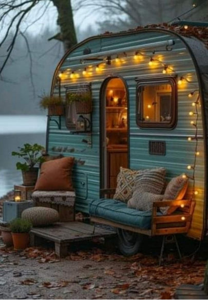 Vintage Camper Trailer with String Lights Greeting Card