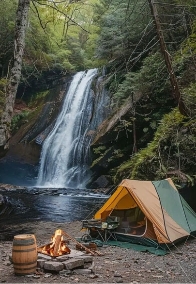Tent & Campfire Beside a Waterfall Greeting Card