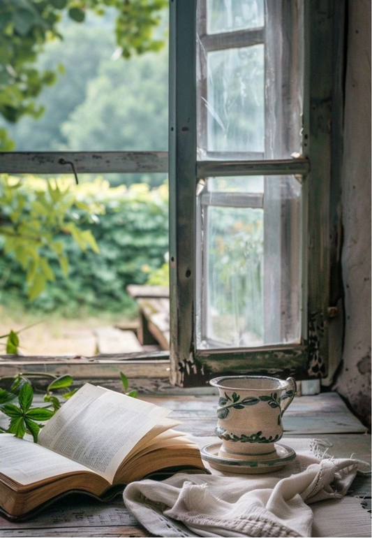 Open Window With Vintage Book & Tea Greeting Card