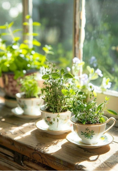 Floral Teacups on a Windowledge Greeting Card