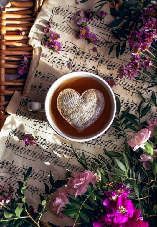Sheet Music with a Cup of Tea and a Heart Shaped Tea Bag Greeting Card