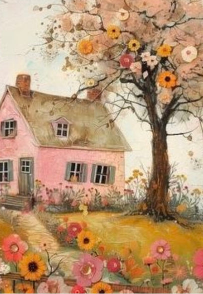 Pink House & Blooming Tree Greeting Card