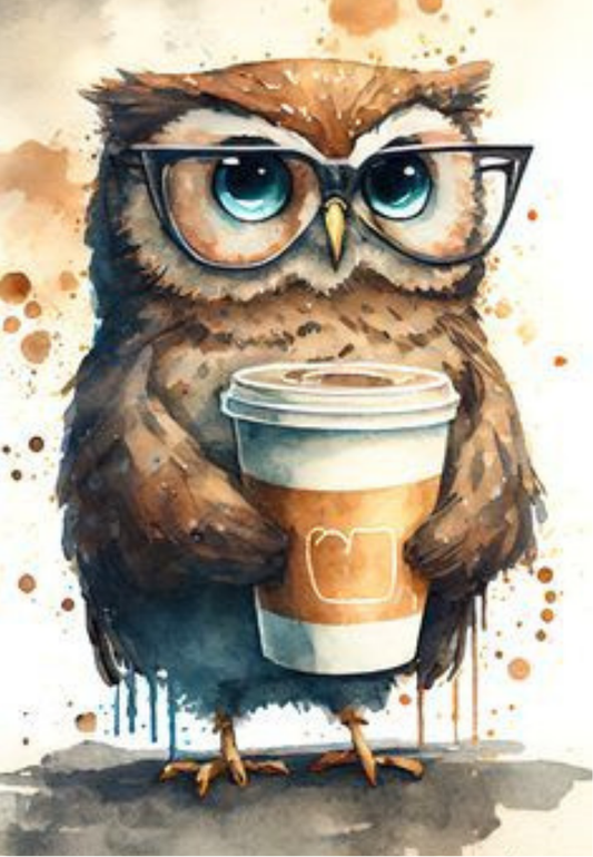 Owl with a Coffee Cup Watercolor Greeting Card