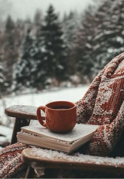 Snowy Morning Coffee & Books Greeting Card