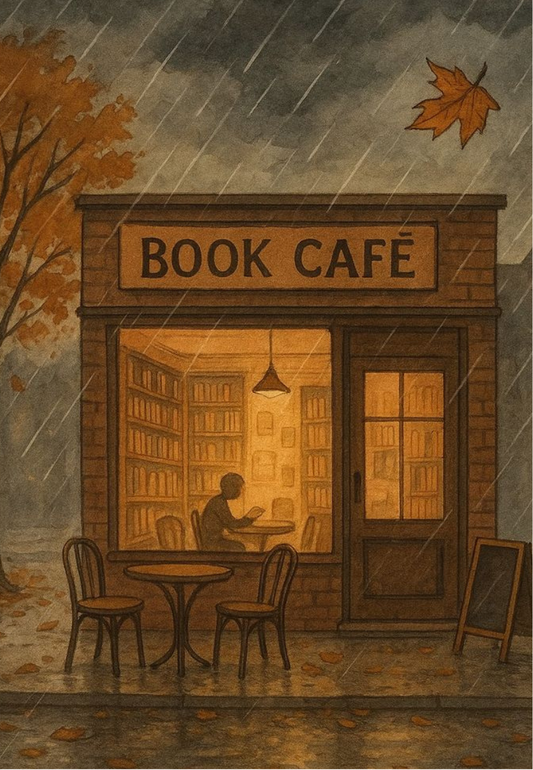 Rainy Day at the Book Café Greeting Card