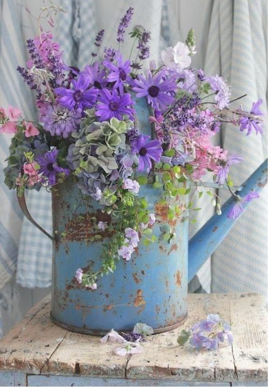 Vintage Blue Metal Watering Can With Flowers Greeting Card