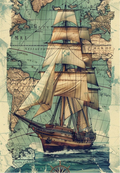 Vintage World Map With Tall Ship Greeting Card