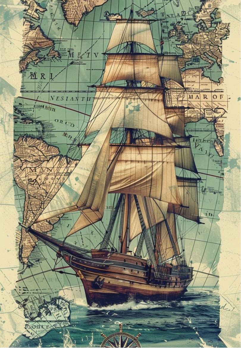 Vintage World Map With Tall Ship Greeting Card