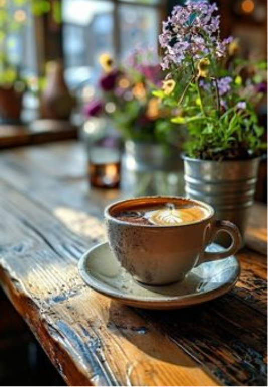 Coffee Mug on a Wooden Table at a Café Greeting Card