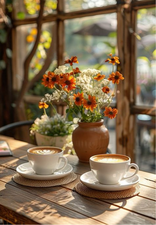 Autumn Florals & Coffee Cups on a Porch Greeting Card