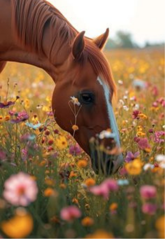 Chestnut Horse in a Flower Meadow Greeting Card