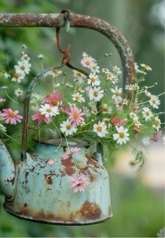 Vintage Blue Metal Watering Can With Florals Greeting Card