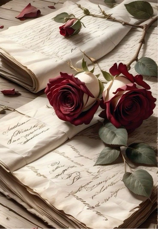 Romantic Red Roses on Antique Letters Greeting Card