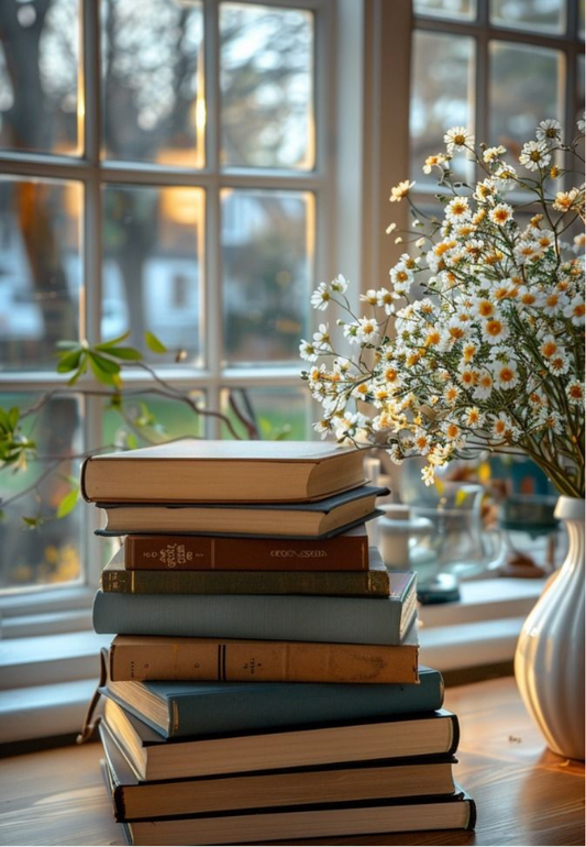 Stacked Books & Wild Daisies Greeting Card