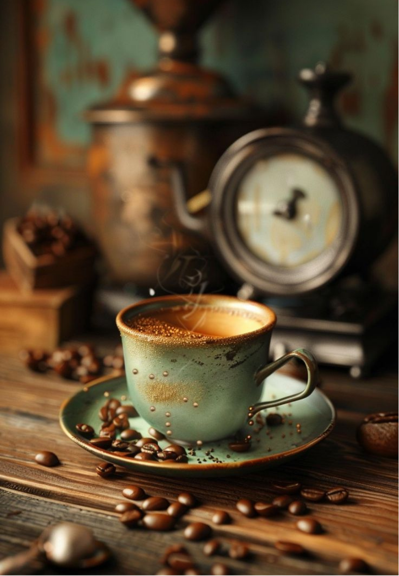 Antique Coffee Cup & Clock Greeting Card