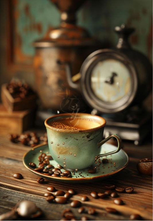 Antique Coffee Cup & Clock Greeting Card