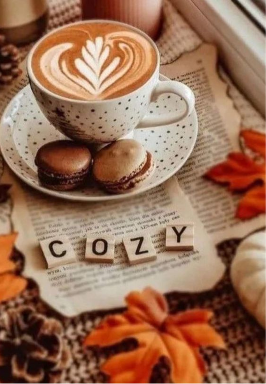 Cozy Coffee Cup with Macarons & Autumn Leaves Greeting Card