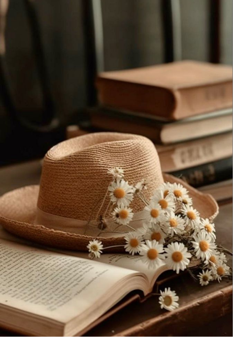 Straw Hat & Open Book with Wildflowers Greeting Card