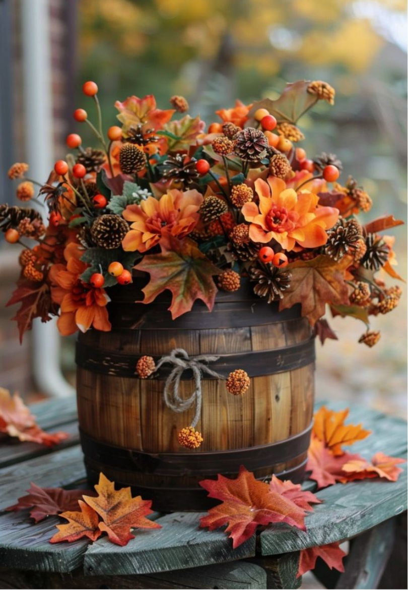 Rustic Barrel with Autumn Leaves Greeting Card