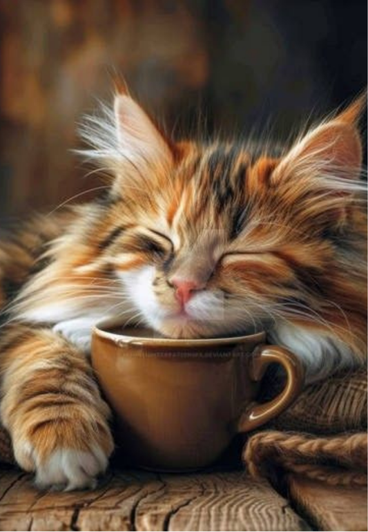 Fluffy Cat With Coffee Cup Greeting Card