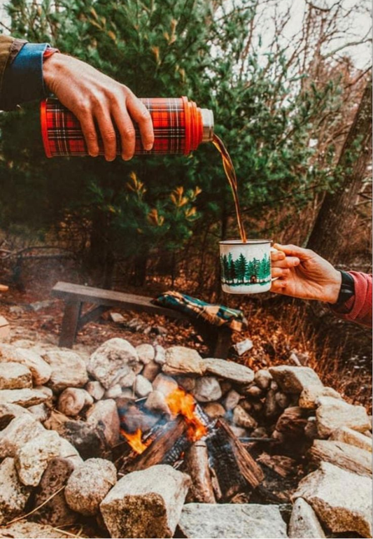 Pouring Hot Coffee Form a Flask out Camping Greeting Card