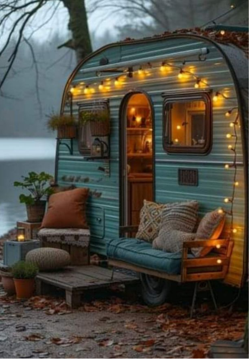 Vintage Camper Trailer with String Lights Greeting Card