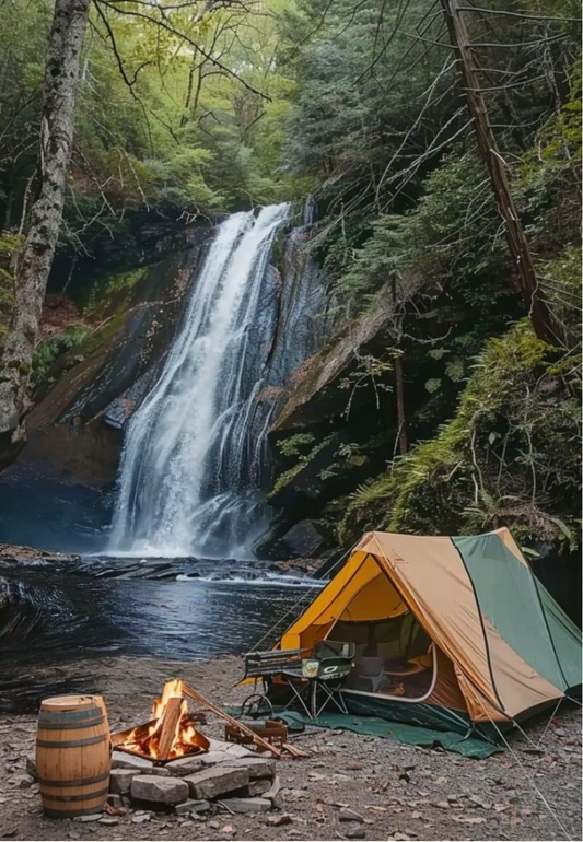 Tent & Campfire Beside a Waterfall Greeting Card
