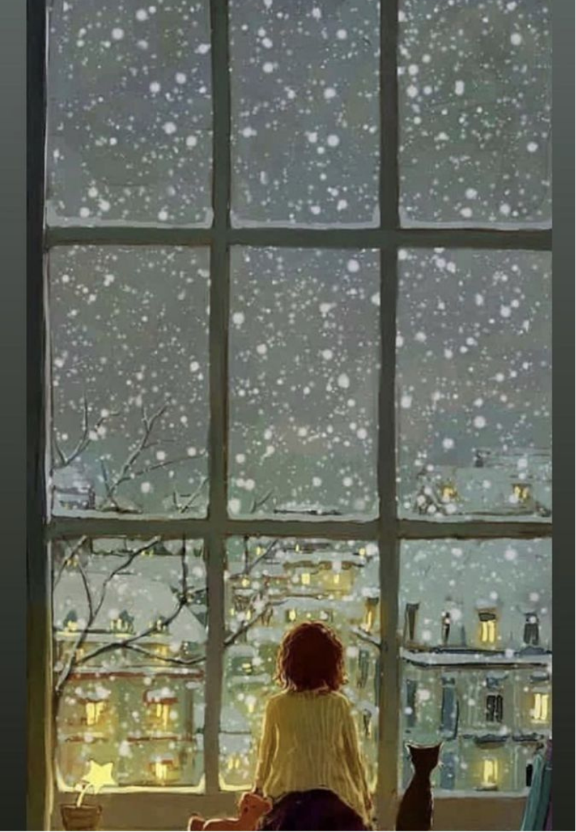 Snowy Window with a Girl Gazing Outside Greeting Card