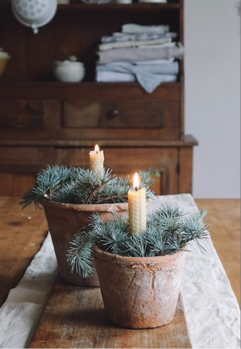 Coay Wooden Table With Holiday Candles Greeting Card