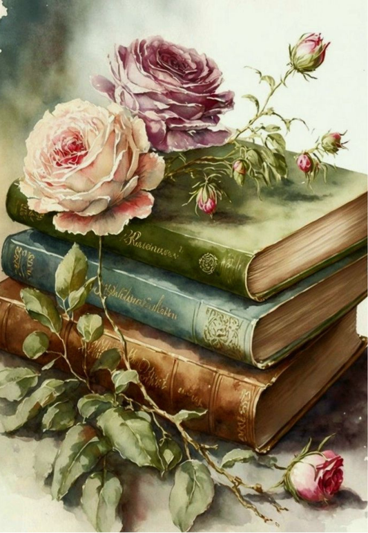Vintage Books & Rose Greetign Card
