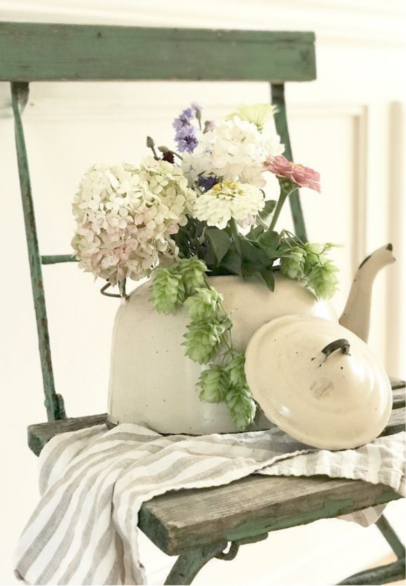 Vintage Metal Watering Can with Soft White Flowers Greeting Card