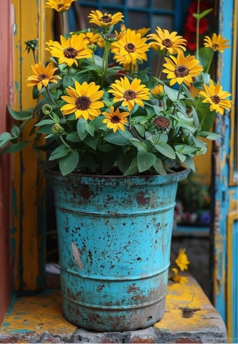 Rustic Sunflowers in a Blue Pail Greeting Card